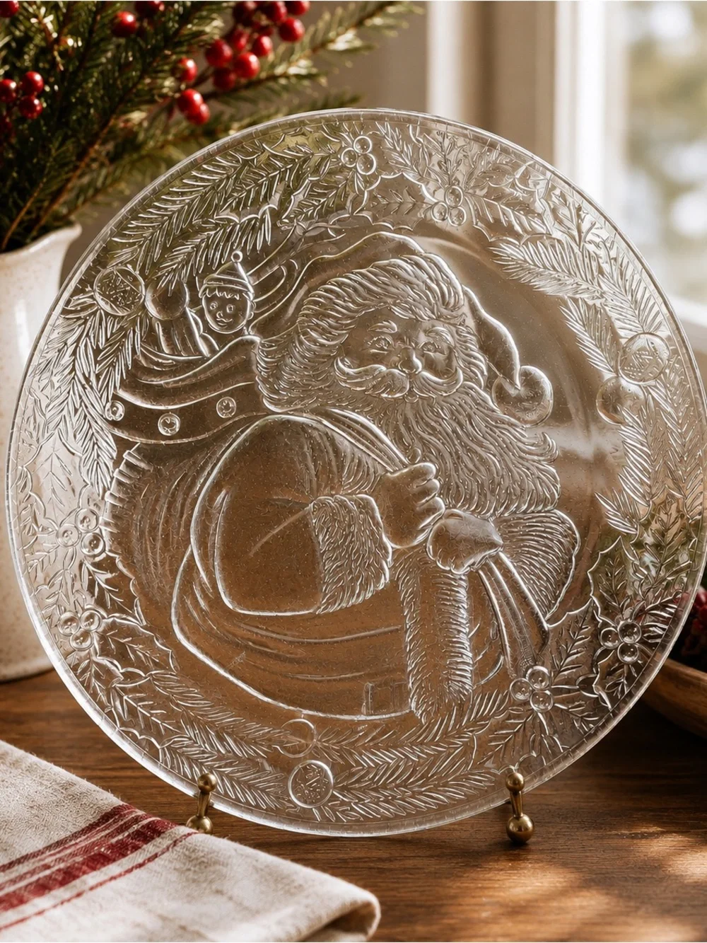 Clear Glass Santa Christmas Serving Platter Plate 12” Embossed Holiday c. 1990’s